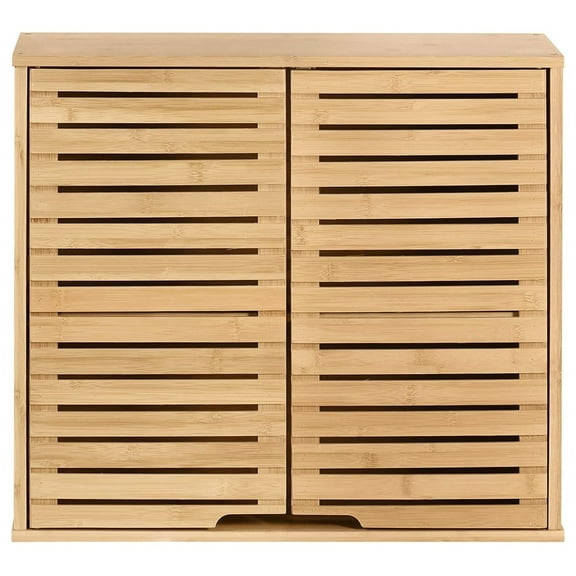 Bamboo Bathroom Wall Cabinet 2-Tier - Double Door Storage Organizer for Towels, Toiletries, Kitchen, Living Room - Adjustable Shelf - Natural Finish