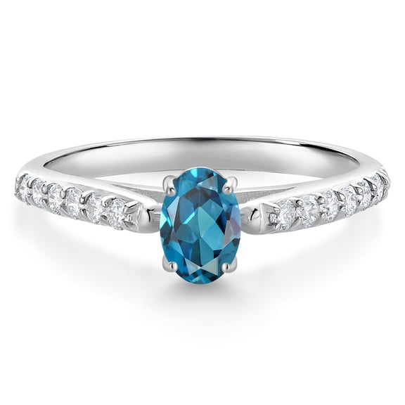 Gem Stone King 10K White Gold London Blue Topaz and White Lab Grown Diamond Engagement Ring for Women (0.78 Cttw, Oval 6X4MM, Gemstone November Birthstone, Size 9)