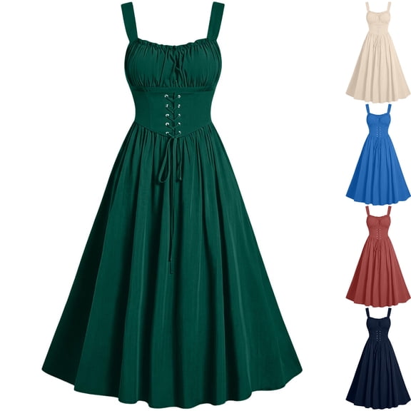 QATAINLAV Women's Halloween Dress Sleeveless Square Neck A Line Dresses Corset Gothic Renaissance Costume