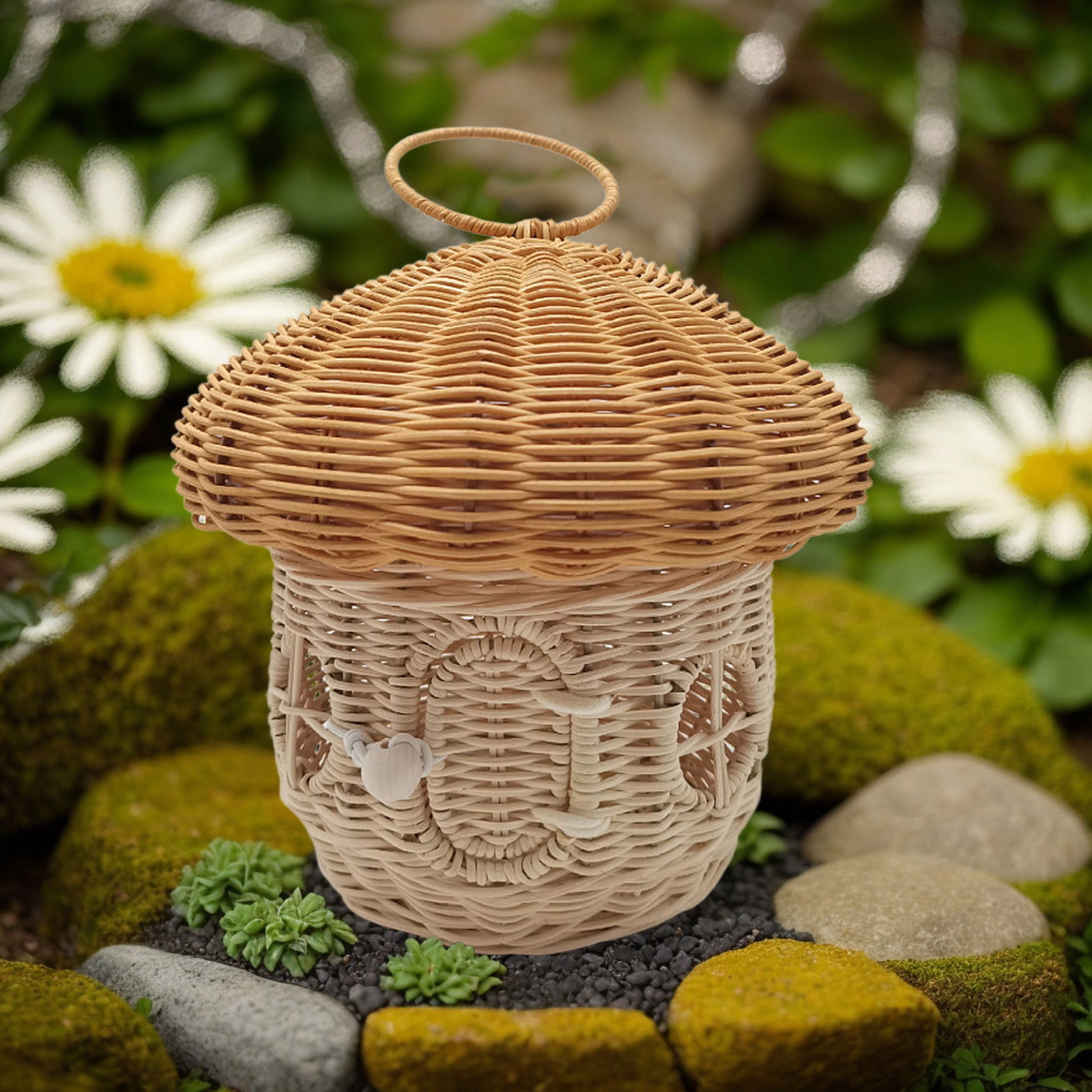XINGXIANG Mushroom Basket with Lid,Easter Basket for Kids, Mushroom Storage Basket,Handmade Rattan Basket,Portable Picnic Basket,Woven Shelf Organizer for Doll House,Home Decoration(Round)