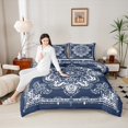 thumbnail image 4 of Manfei Retro Paisley Floral Queen Comforter Set,Vintage Damsk Bedding Sets,White Blue Bedding Comforter Set For Men Women,Super Cozy Room Decor Reversible,3-Piece, 4 of 8