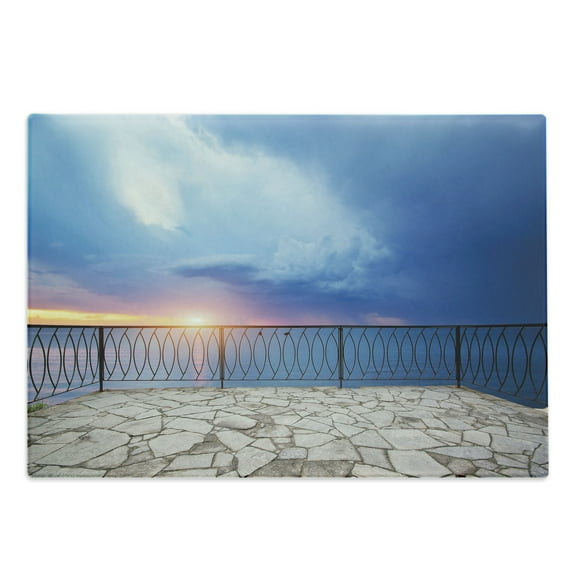 Modern Cutting Board, Balcony View Landscape of Ocean Sea as Sunset or Dawn Photograph, Decorative Tempered Glass Cutting and Serving Board, Large Size, Pale Blue White, by Ambesonne