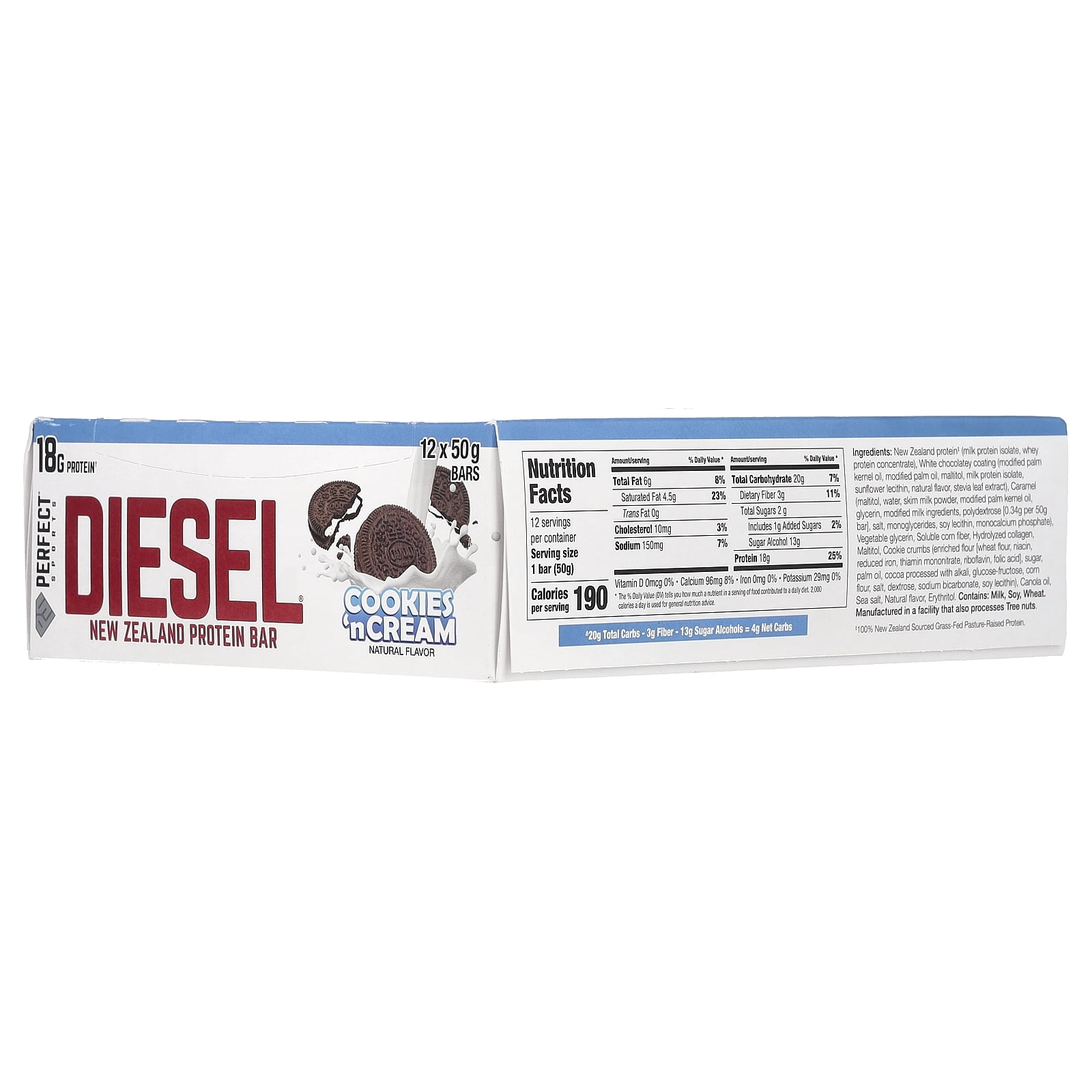 PERFECT Sports Diesel, New Zealand Protein Bar, Cookies'n Cream, 12 Bars, 50 g Each