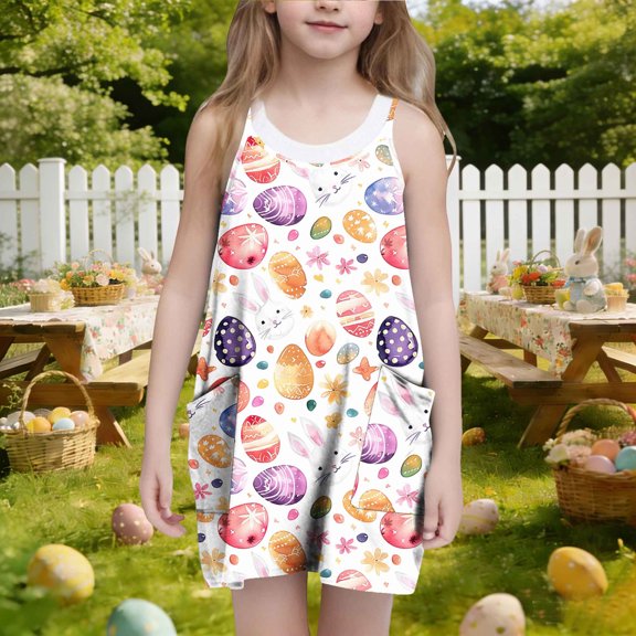 ATOGUTA Dress Girls Casual Summer Spaghetti Straps Easter Romper Dresses with Pockets for Kid Size 3T-10. Multicolor