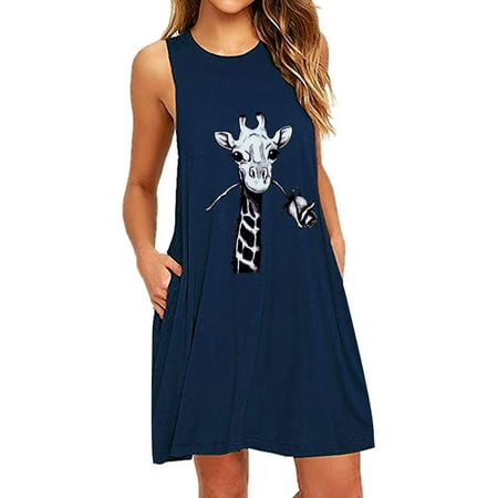 

DECILRO 70 s dresses Dresses for Women 2022 Fashion Womens Pocket Printing Sleeveless Casual Nightdress Dresses Navy XXXXXL