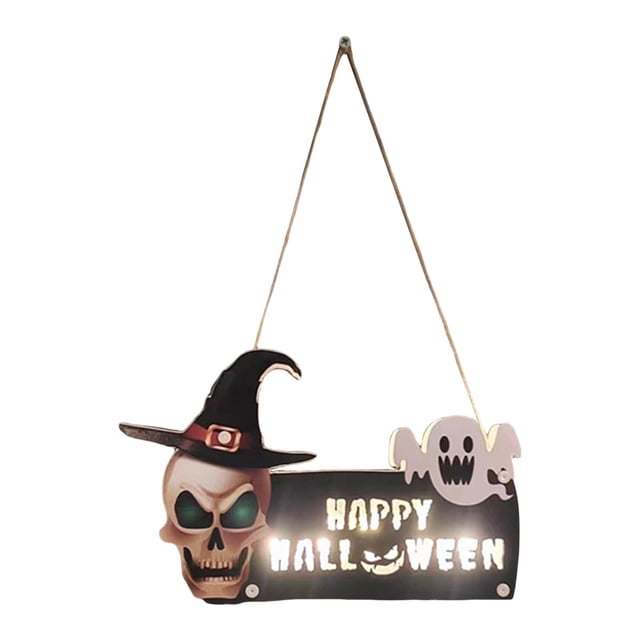 Adorno colgante de puerta iluminado para Halloween, puerta de entrada de madera espeluznante Estilo B