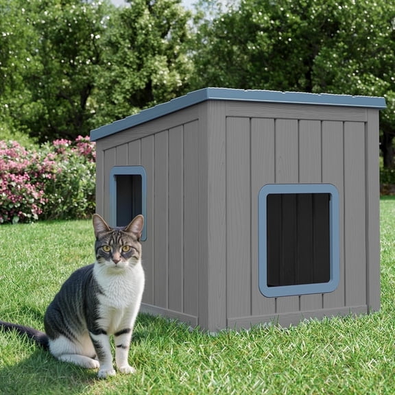 Bifanuo Outdoor Cat House, Weatherproof Shelter for Feral Cats & Kittens, Durable Insulated PP Shelter for Garden & Patio (Gray & Blue)