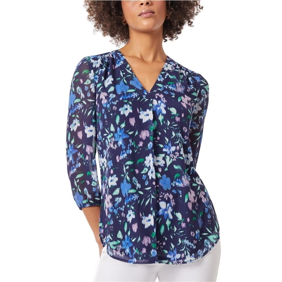 Jones New York Womens Floral Top Peasant Blouse, Blue, Petite, P/PS