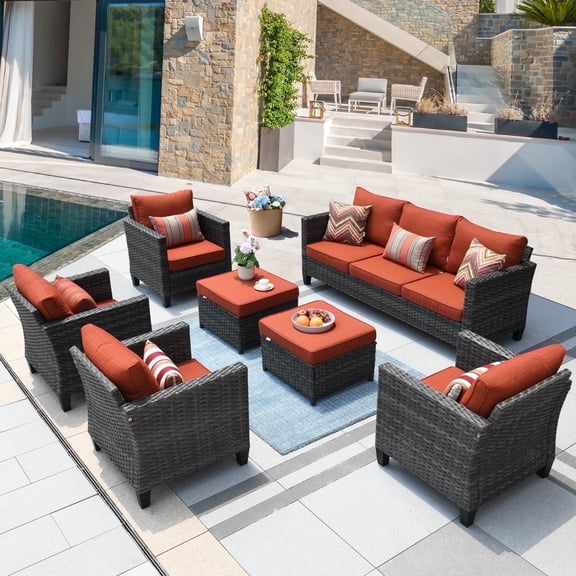 Ovios 7 Pieces Patio Furniture Set Outdoor Wicker Sectional Sofa All-Weather Conversation Patio Seating Set with Ottoman for Backyard, Orange Red