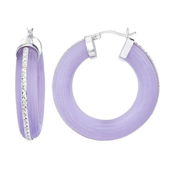 Handcrafted Purple Lucite Click-Top Hoop Earrings with Silver Diamond Cut Accent