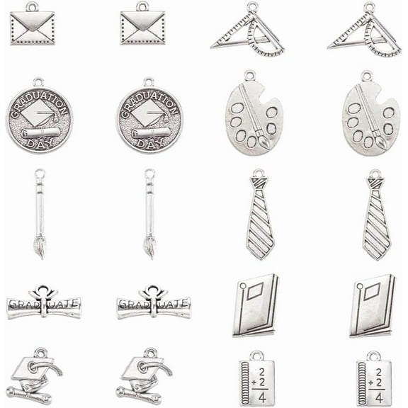 1 Box 60Pcs 10 Styles Graduation Charms Bulk Back to School Charm Silver Pen Book Tibetan Alloy Metal School Charms