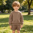 thumbnail image 6 of Kids Boys Girls 2 Piece Fleece Outfit Set 12 18 24 Months 2T 3T 4T 5T 6T Solid Color Long Sleeve Crewneck Sweatshirt & Elastic Waist Shorts Warm Lined Casual Tracksuit Brown Size 2-3 Years, 6 of 8