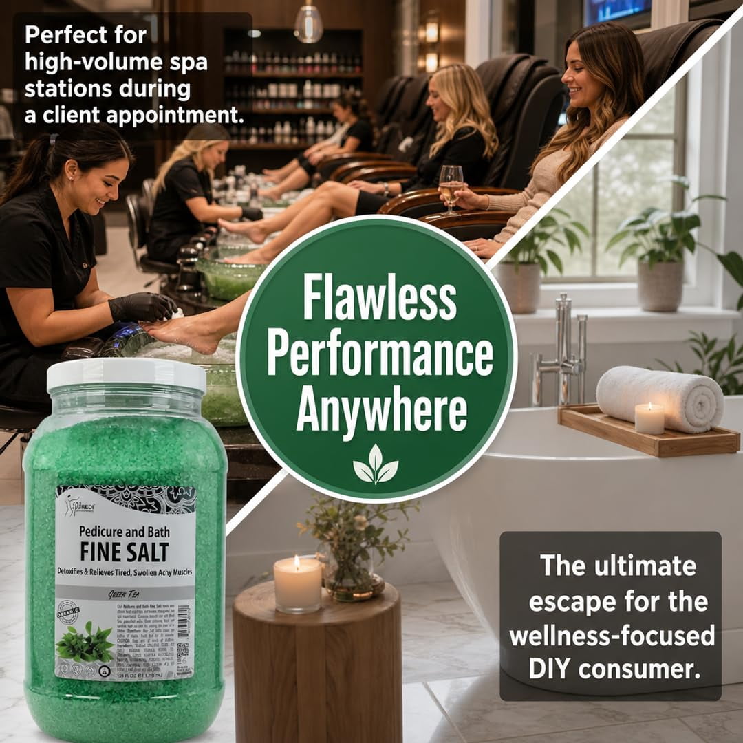SPA REDI - Detox Foot Soak Pedicure and Bath Fine Salt, Green Tea, 128 Oz - Made with Dead Sea Salts, Argan Oil, Coconut Oil, and Essential Oil - Hydrates, Softens and Moisturizes