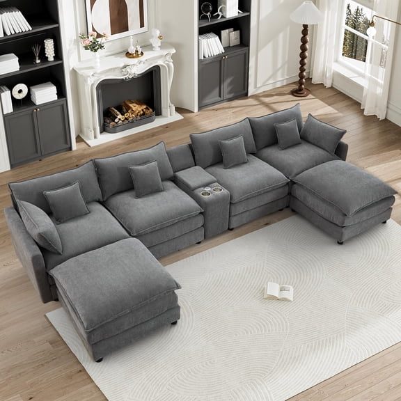 145" U Shaped Sectional Couch with USB and 2 Cup Holder, Oversized Chenille Modular Sectional Sofa with 2 Ottomans ＆ Console, Deept Seat Cloud Couches for Living Room, Beige