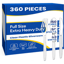 360 Count Extra Heavy Duty Plastic Silverware Set – Heat Resistant & BPA Free Disposable Silverware Cutlery 150 Forks, 150 Spoons, 60 Knives – Clear Premium Plastic Utensils for Parties & Events
