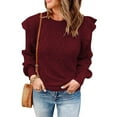 thumbnail image 2 of Duoif Sweaters for Women Trendy Women Casual Sweater Crewneck Ruffle Shoulder Long Sleeve Cable Knit Solid Loose Ribbed Hem Pullover Jumper Top Women's Sweaters Womens Tops Wine S, 2 of 6