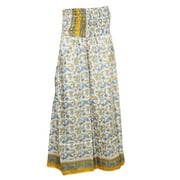 Mogul Women's Long Vintage Skirt White Silk Sari Smocked Waist Maxi Skirts