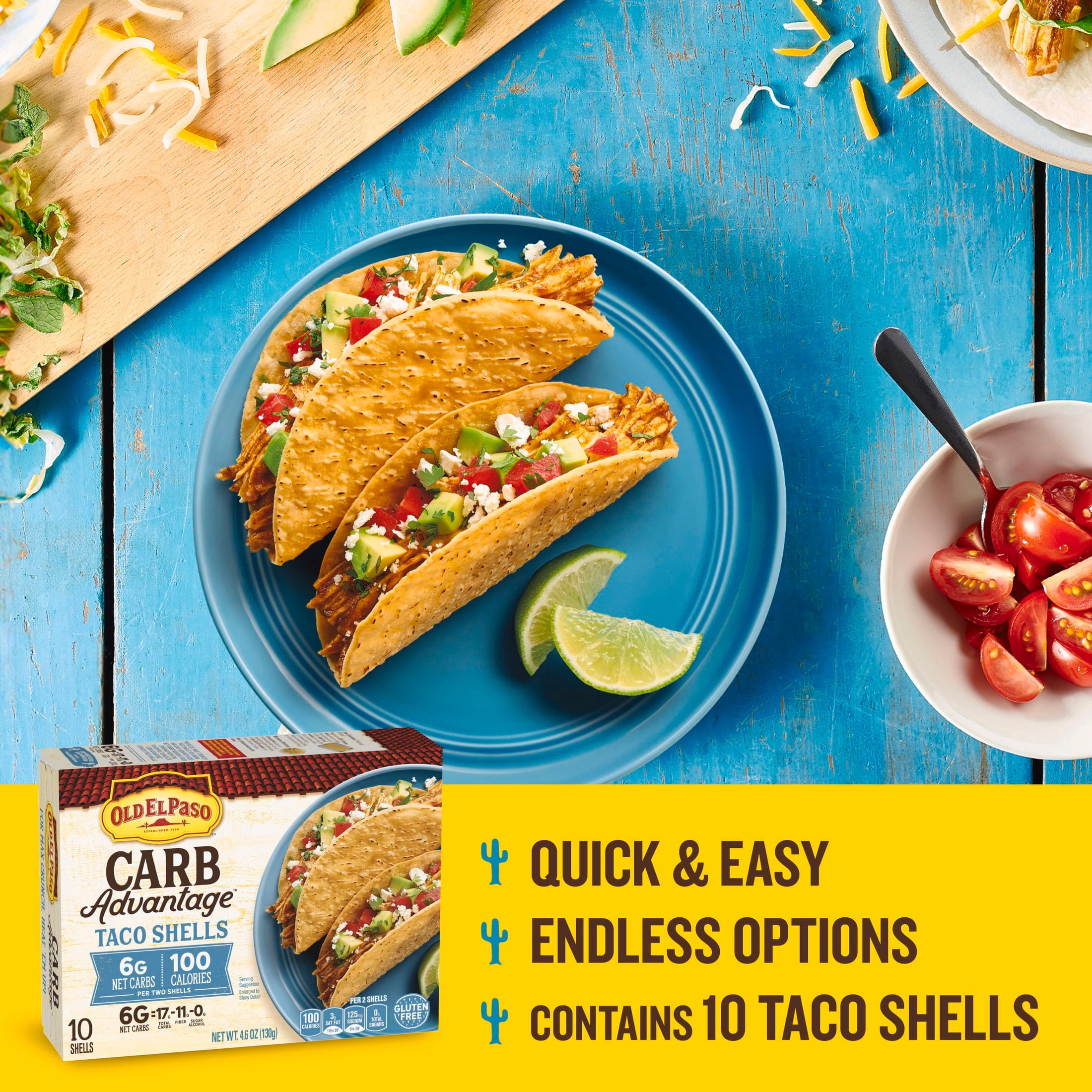(6 pack) Old El Paso Carb Advantage Crunchy Taco Shells, 6g Net Carbs, 90 Calories, 10 Count, 4.6 oz