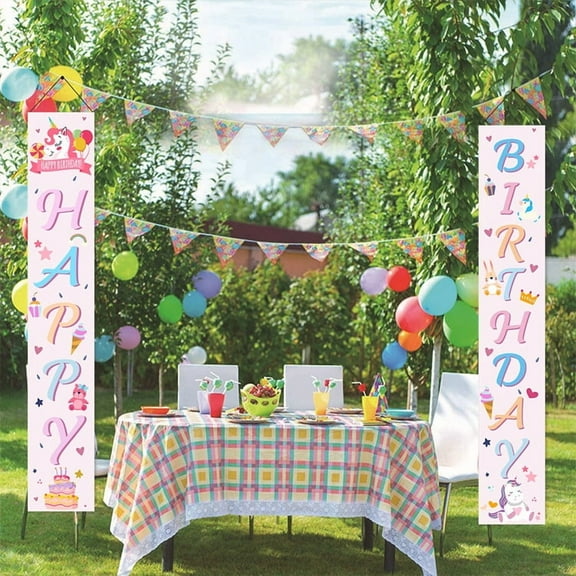Happy Birthday Decorations for Kids Boys Girls, White Birthday Banner Door Porch Sign Birthday Party Decorations Background for Home Yard Indoor and Outdoor Decor, 72 x 12 Inch ﻿