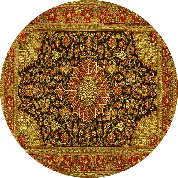 Ahgly Company Machine Washable Indoor Round Medallion Yellow Traditional Area Rugs, 4' Round