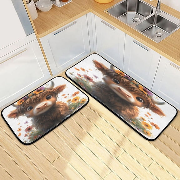 Ryvnso Cute Highland Cattle Kitchen Rugs Set Non Slip Runner Mats for Dining Room