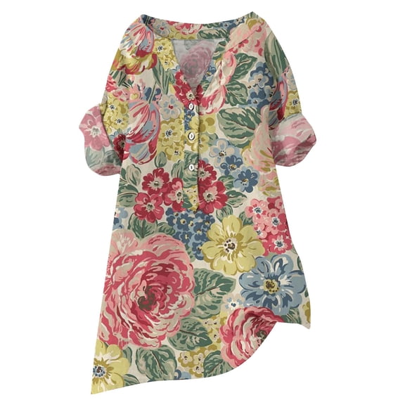LIJCC Women'S V-Neck Long Sleeve Retro Printed Long Shirt Linen T Shirt for Women'S Flower Printed Loose Fit Tee Tops Lapel Neck Button Blouses Long Sleeves Casual Tops