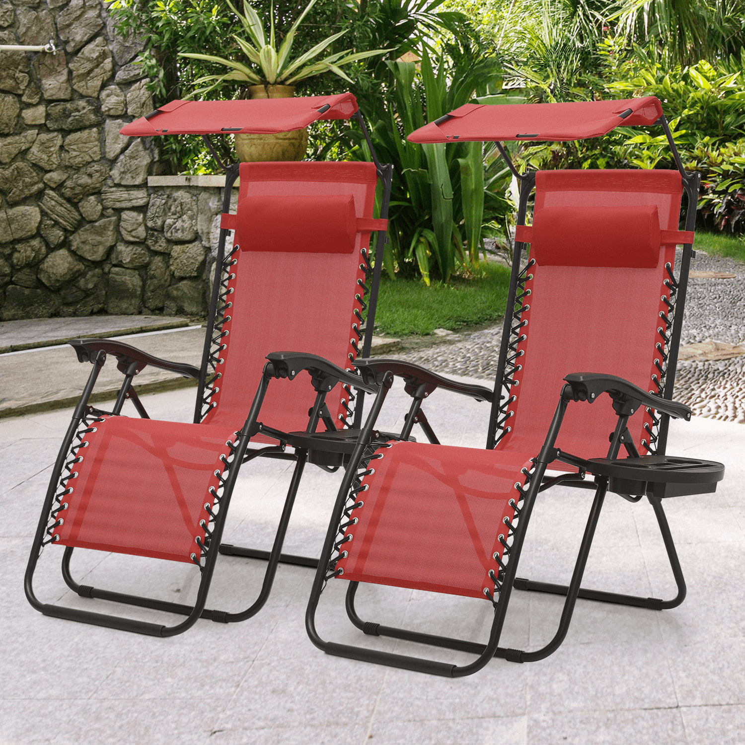 MoNiBloom Lounge Beach Chair Chair Set of 2, Adjustable Lounger with Sun Shade and Pillow for Beach Pool Sports Yard, Maroon