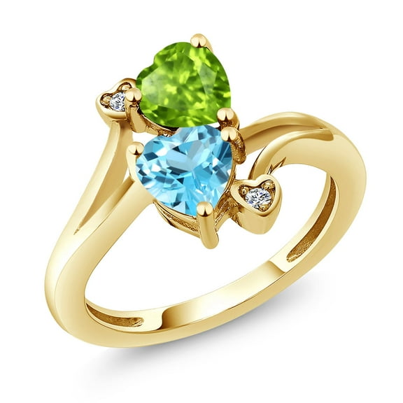 Gem Stone King 18K Yellow Gold Plated Silver Green Peridot Swiss Blue Topaz and White Diamond Ring for Women (1.81 Cttw, Heart Shape 6MM, Gemstone August Birthstone, Size 9)