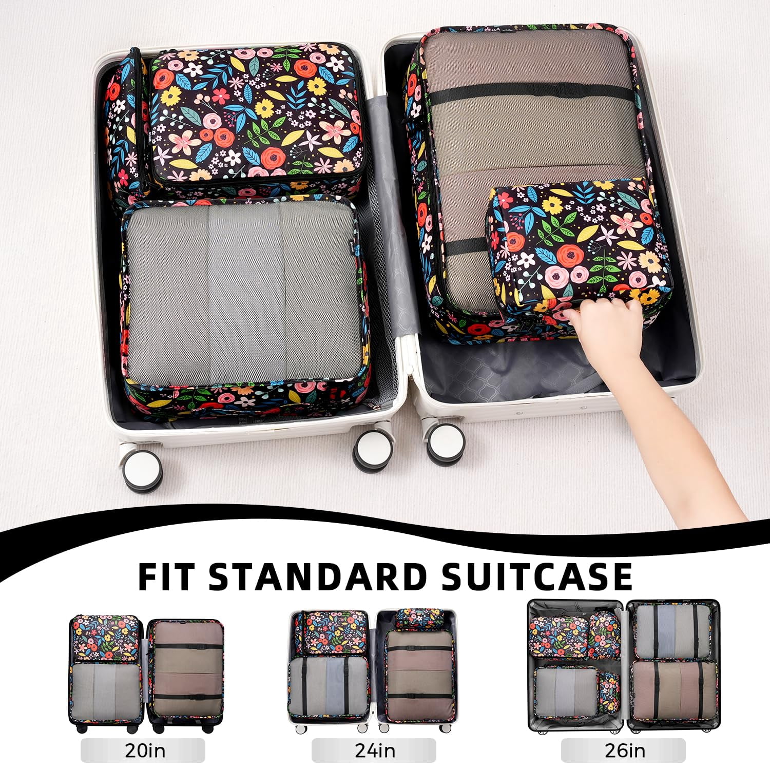 8 Set Packing Cubes Luggage Organizers For Travel Accessories-black Floral