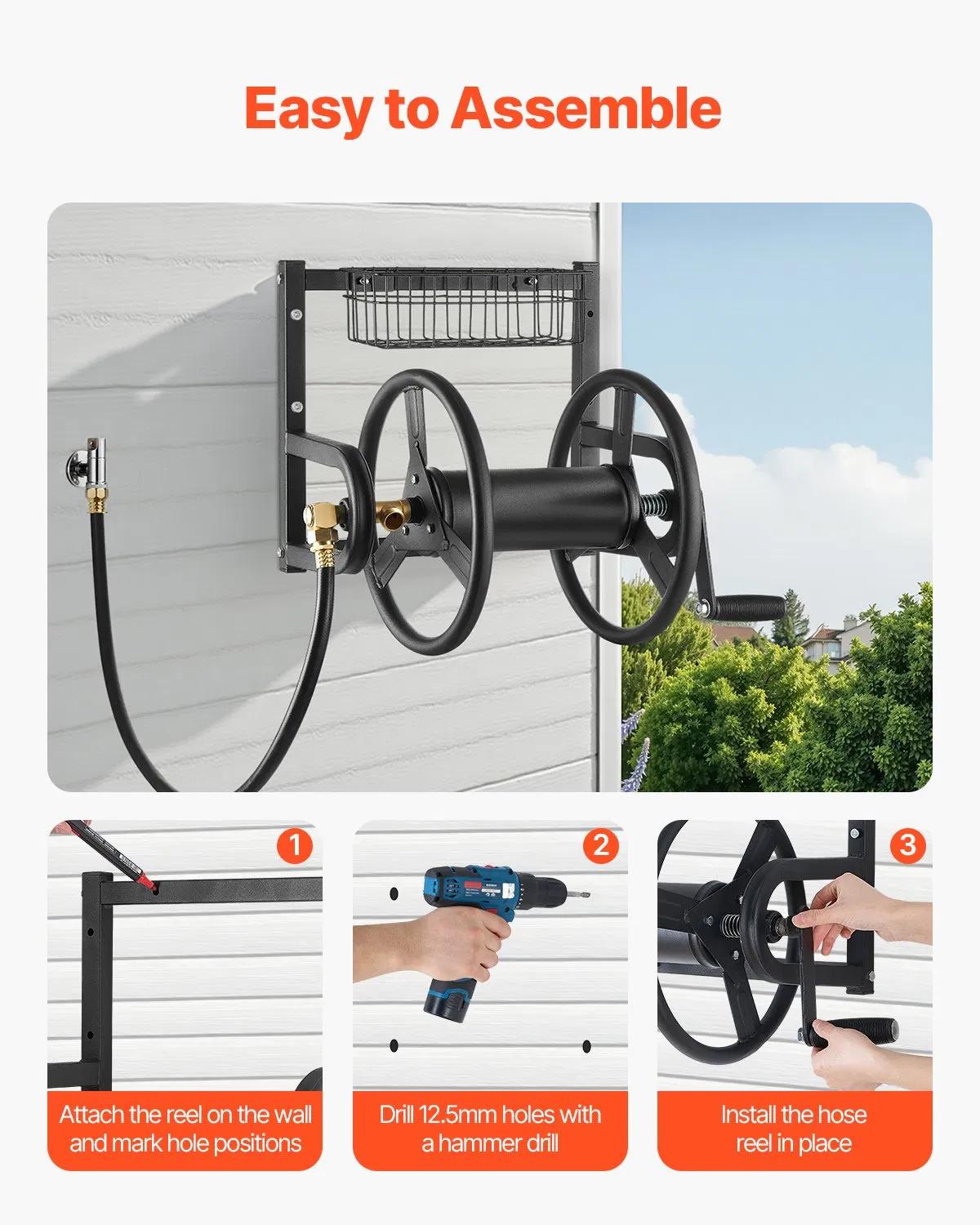 Wall Mounted Garden Hose Reel 125ft 5/8 in Hose Holder Brass Fitting & Basket