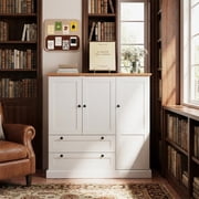 Furnibear 47.5 Farmhouse Buffet Sideboard Credenza Cabinet with 2 Drawers and Adjustable Shelves for Living Room Dining Room - White