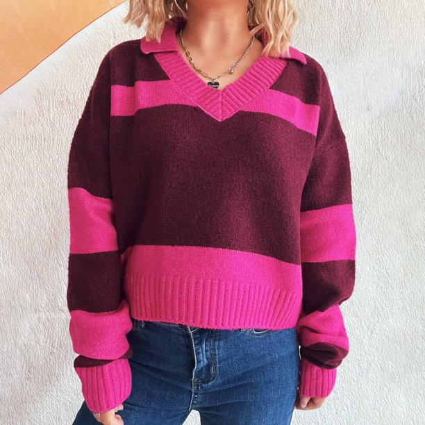 Ailaofu Womens Striped Polo Sweater Trendy Color Block Crop Tops Casual V Neck Knitted Pullover Jumper Shirts Long Sleeve