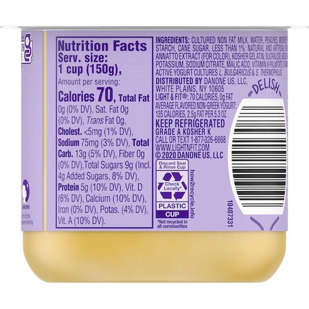 Light and Fit Peach Yogurt, 5.3 Ounce -- 12 per Case.