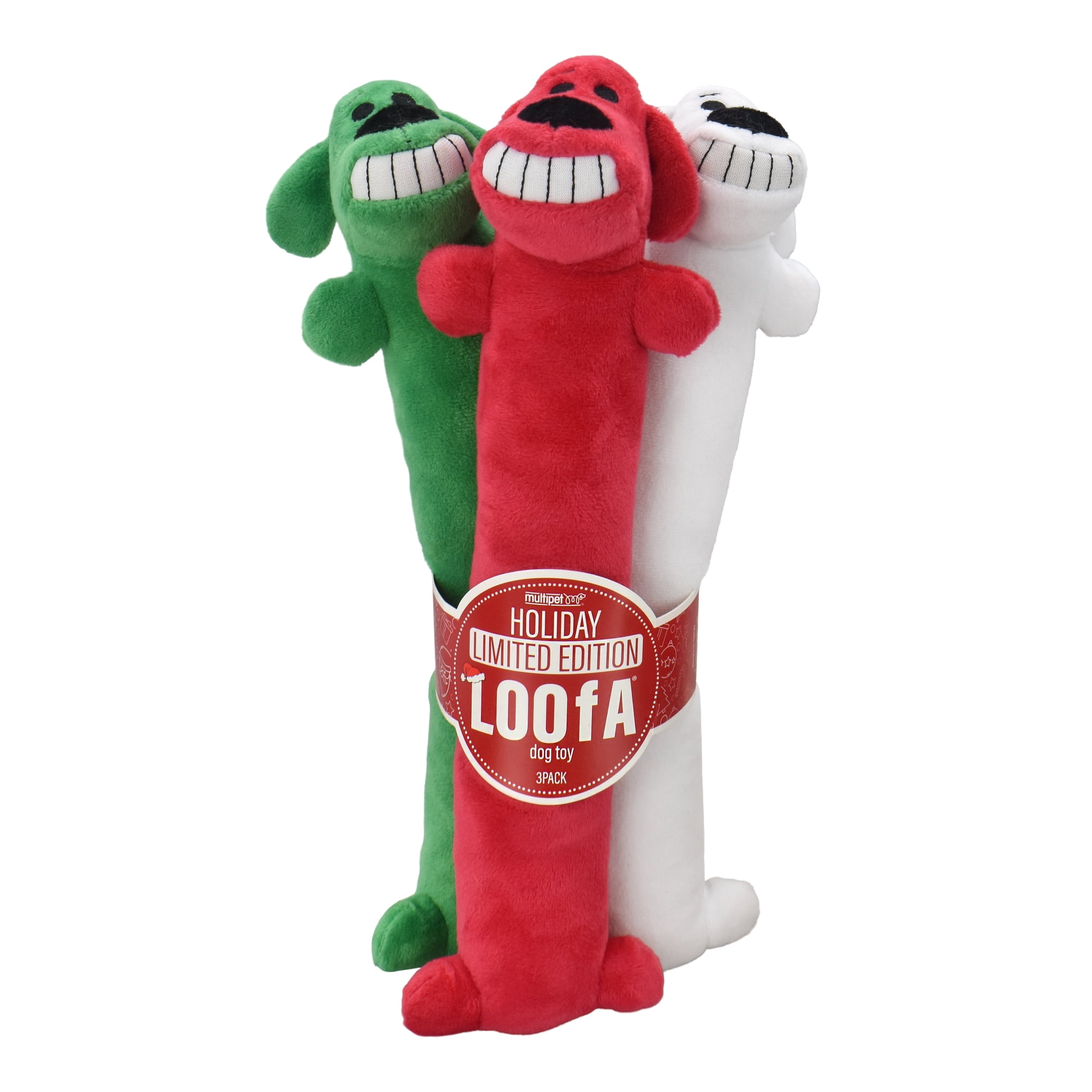 Multipet Plush Holiday Loofa Dog Toys, Stuffing & Squeaker, 3 Pack with Red, White & Green