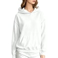 thumbnail image 3 of Trendfront Womens Studded Hoodies Solid Long Sleeve Hooded Sweatshirt Kangaroo Pocket Drop Shoulder Ribbed Casual Pullover Top, 3 of 6