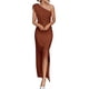 thumbnail image 1 of Vestido PRETTYGARDEN Maxi con Hombro Descubierto, Sin Mangas, Fruncido, Color Café XL, 1 of 8