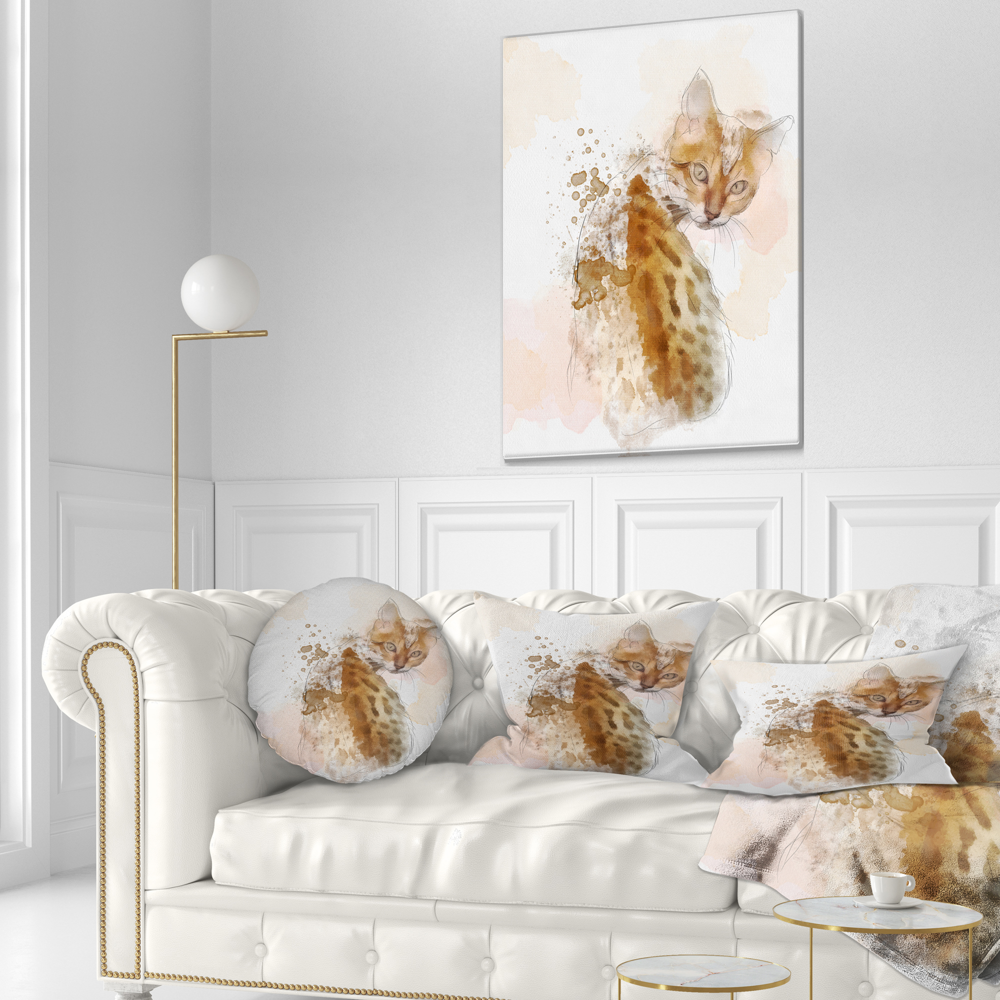 Designart Cute Cat Sketch with Brown Splashes - Animal Throw Pillow - 12x20