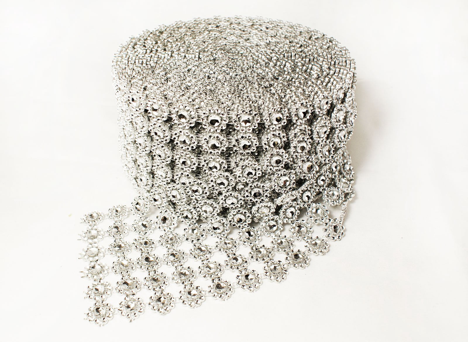 4" 10 Yards Silver Diamond Flower Mesh Wrap Roll Crystal Rhinestone Sparkle Ribbon