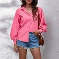 thumbnail image 7 of Women's Button down Shirts Collared Vneck Lantern Long Sleeve Tops Casual Solid Color Dressy Chiffon Blouse Tee, 7 of 7