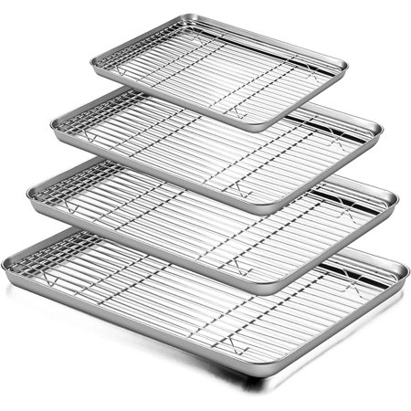 

Baking Sheet and Rack Set Stainless Steel Rimmed Cookie Sheet Baking Pans Toaster Oven Tray with Cooling Rack Non Toxic & Healthy Rust Free & Dishwasher Safe - 8 Pieces (4 Pans + 4 Racks)