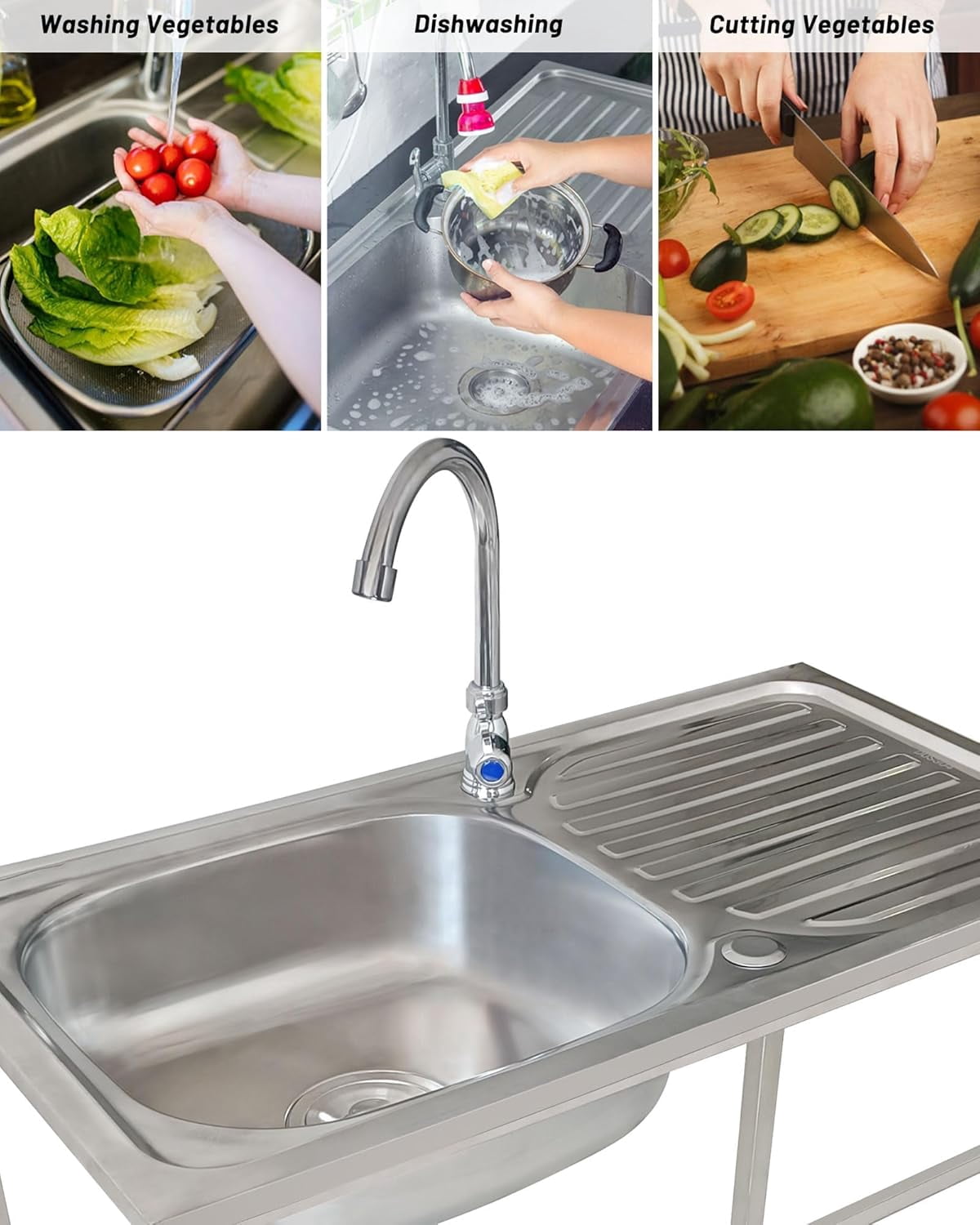 Free Standing Outdoor Sink, Stainless Steel Kitchen Utility Sink Station with Drainboard, Washing Hand Basin Tub Single Bowl Sink for Indoor Outdoor Patio Laundry Room Restaurant Workshop Garages