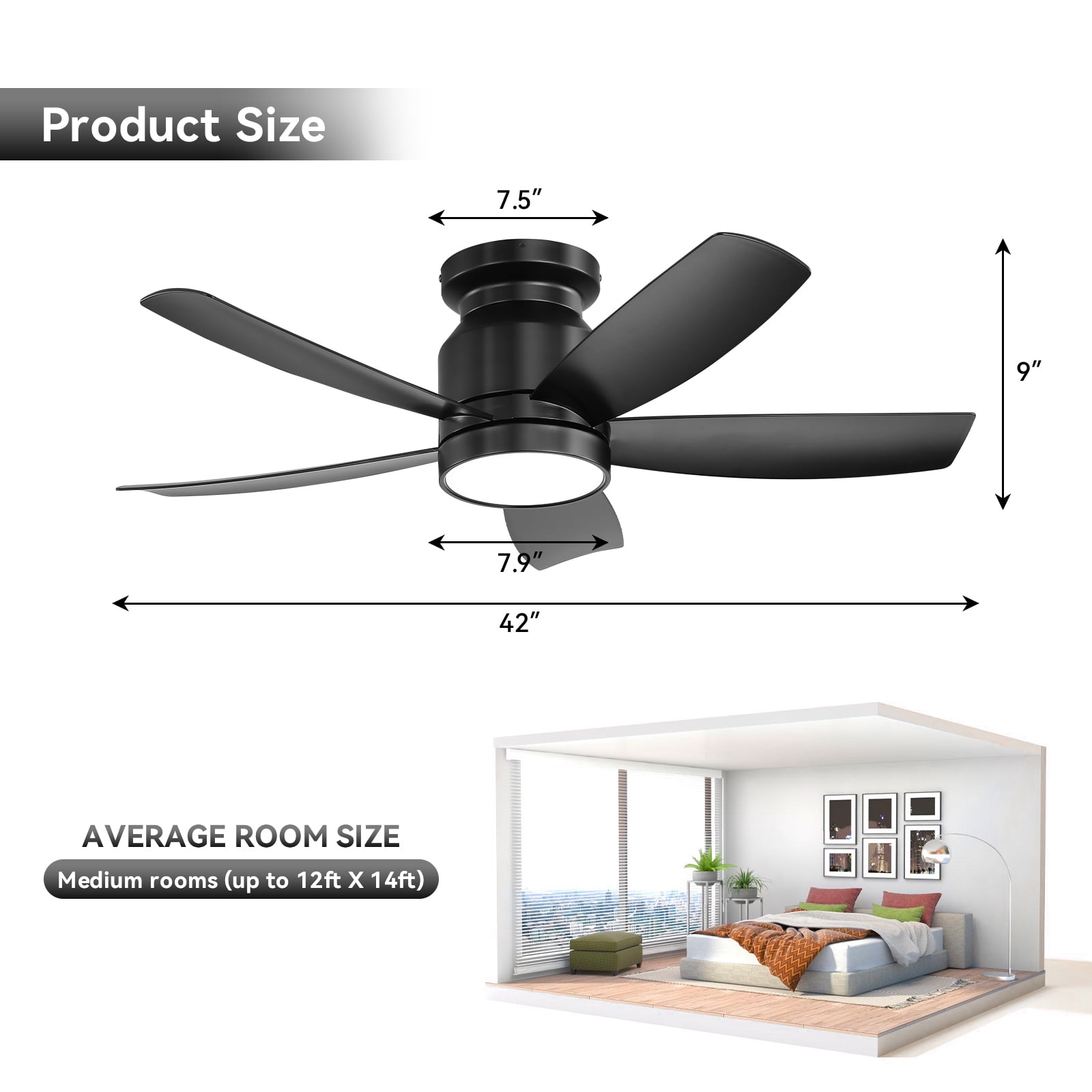 Sofucor 42'' Ceiling Fans with Lights and Remote for Bedroom Black