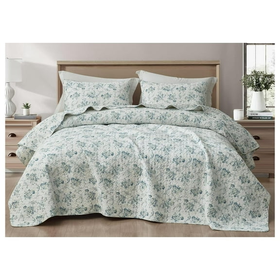 Gigi 3-Piece Printed Floral Cotton Quilt Set King Size - Blue Ivory White Floral Flower - Stone Washed Cotton Breathable Lightweight Bedspread Set