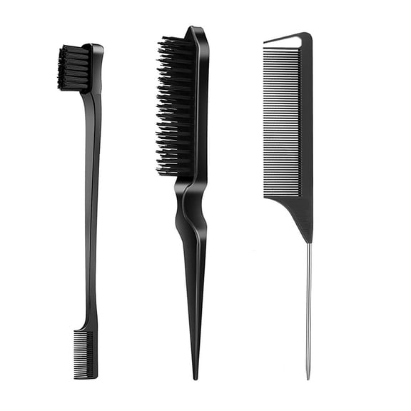 3-Piece Hair Brush Set with Edge Brush, Bristle Hair Brush, and Rat Tail Comb - Black