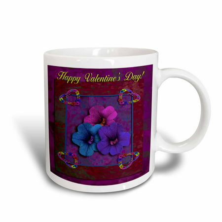 3dRose Four Vintage Hearts and Pansy Flowers, Happy Valentines Day, Red, Ceramic Mug,