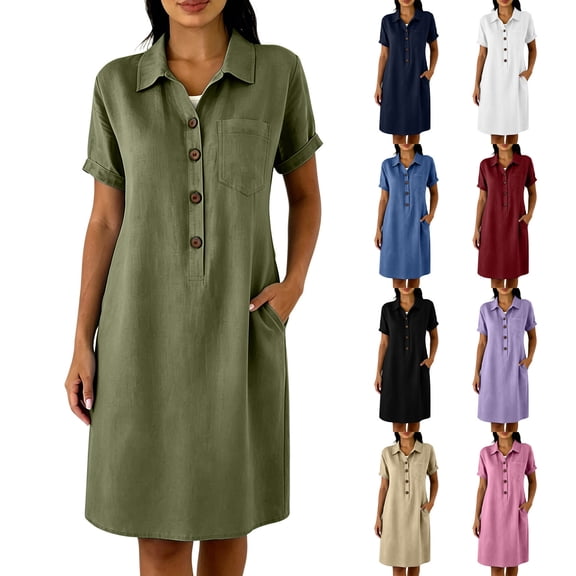2026 Summer Womens Dress Cotton Linen Casual Comfortable Pocket Buttoned Short Sleeved Knee-Length Dress