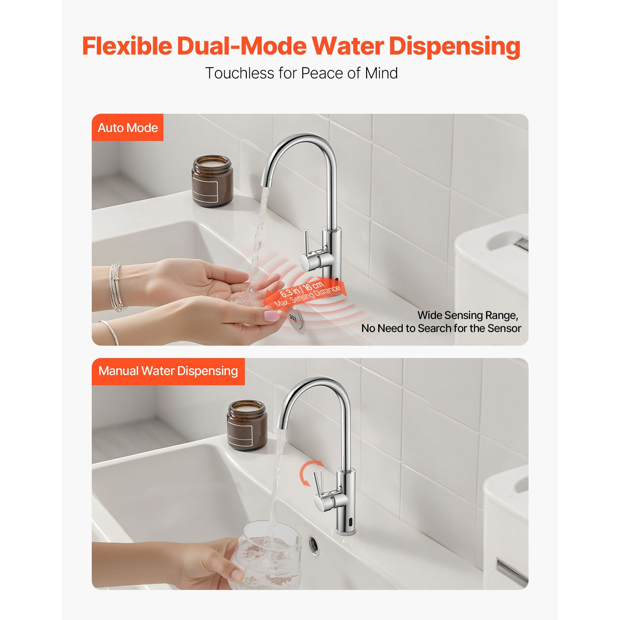 Touchless Bathroom Sink Faucet Infrared Sensor Automatic Hot/Cold Water Stainless Steel for Home Office Hotel