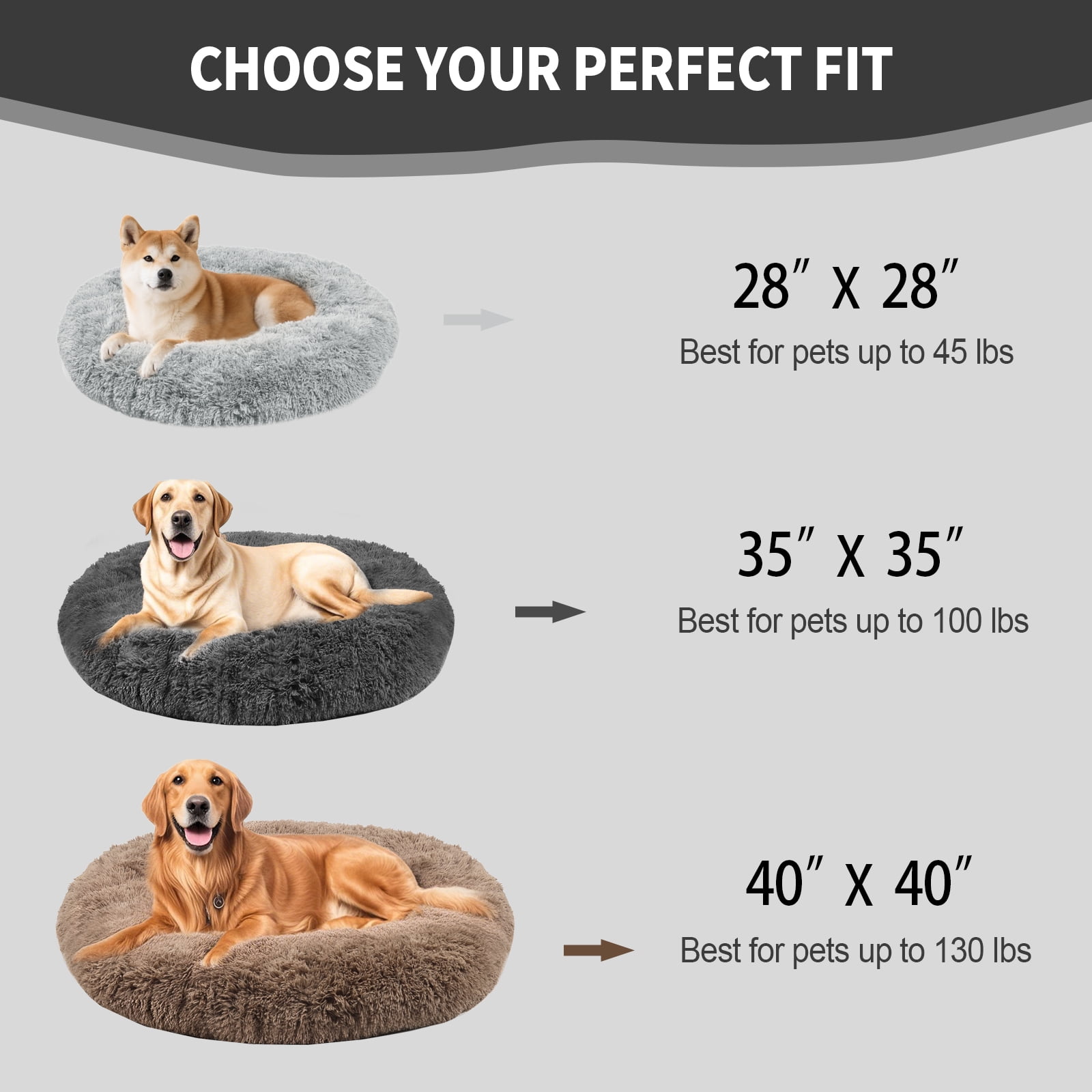 Katieovy Dog Bed for Large Dogs,Fluffy Calming Donut Dog Beds,28 inch Washable Plush Round Dog Mat with Non-Slip Bottom,Dark Gray