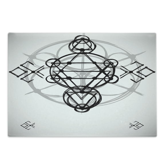 Geometry Cutting Board, Simplistic of Life Vortex Motion with Spheres Print, Decorative Tempered Glass Cutting and Serving Board, Large Size, Black Grey White, by Ambesonne