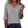 thumbnail image 2 of TGSLY Women's Front Pleated V Neck Tops Lightweight Soft Half Sleeve Relaxed Fit Dressy Casual Solid Color Curved Hem Blouses XL, 2 of 7